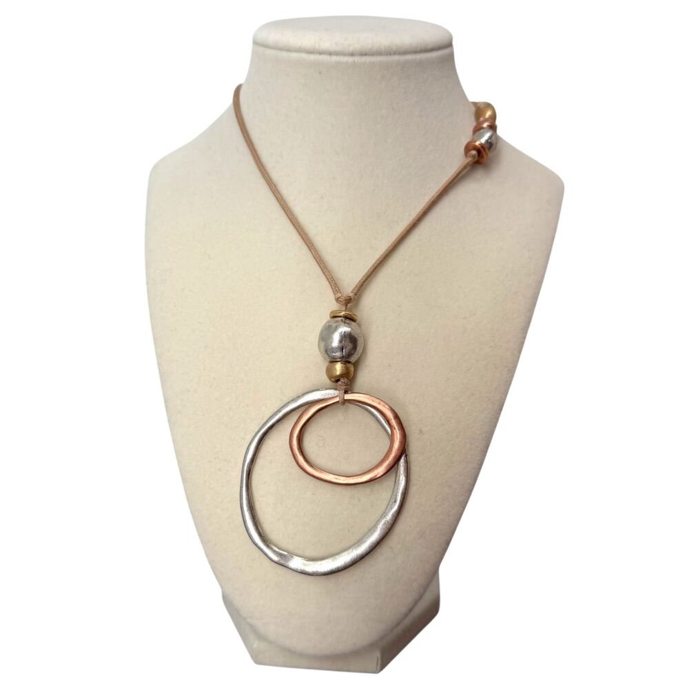 J Jill Mixed Metal Necklace Adjustable Cord Double Circle Pendant Boho Artisan - Picture 3 of 11